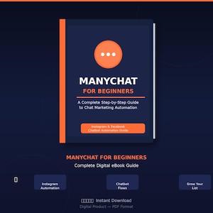 May include: A digital ebook cover with the title "Manychat for Beginners" in white text on a dark blue background. The cover features an orange circle with three white dots and orange accents. The ebook is a guide to chat marketing automation.
