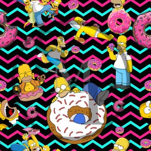 May include: A vibrant, repeating pattern featuring characters from The Simpsons cartoon series. The design includes Homer Simpson, donuts, and the Simpson family, set against a black, pink, and teal chevron background. The donuts are pink with sprinkles.
