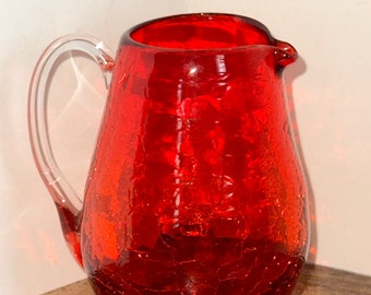 Vintage Pilgrim Crackle Glass, Red Mini 4&quot; Pitcher; Handmade