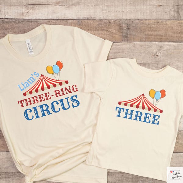 Magliette per feste di compleanno a tre piste da circo Maglietta per bambini a tre piste da circo per il terzo compleanno Maglietta per bambini a tre piste da circo per il terzo compleanno Maglietta per bambini a tre piste da circo per la festa del circo