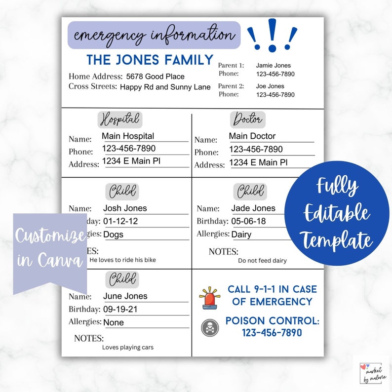 Emergency information editable template babysitter guide printable