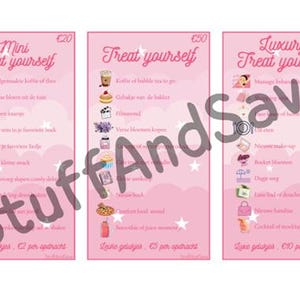Op de afbeelding: Drie rechthoekige roze kaarten met lijsten van zelfzorgactiviteiten, gelabeld Mini Treat yourself, Treat yourself en Luxury Treat yourself. Elke kaart bevat iconen, tekst en stergraphics, met prijspunten van respectievelijk 20, 50 en 100 euro.