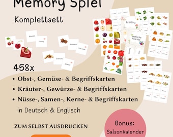Memory game I Fruit & vegetables I Herbs I Nuts I A4 I Digital I Educational game I Montessori I Children I Language I Print out I Gift idea