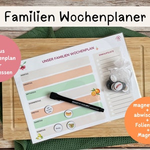 Familien Wochenplaner I Menüplaner I A4 Format I Einkaufsliste I abwaschbar I magnetisch I Wiederverwenden I mit Folienstift I Motivmagnete