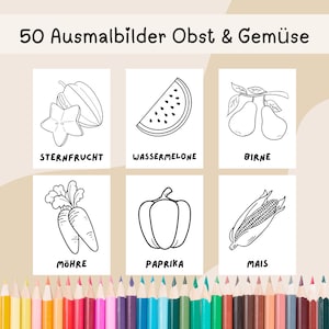 Könnte beinhalten: Sechs Schwarz-Weiß-Malvorlagen mit verschiedenen Obst- und Gemüsesorten, darunter eine Sternfrucht, Wassermelone, Birne, Karotte, Paprika und Mais. Die Wörter "Sternfrucht", "Wassermelone", "Birne", "Möhre", "Paprika" und "Mais" stehen unter jedem Bild.