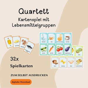 Op de afbeelding: Een set van 32 speelkaarten met illustraties van voedsel, waaronder water, thee en koffie. De kaarten zijn in het Duits gelabeld met het woord "Quartett" bovenaan. De tekst "digitale download" is ook zichtbaar.