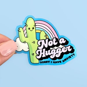 Pegatinas de ansiedad // Aptas para lavavajillas, Pegatinas impermeables, Divertidas pegatinas de salud mental para pegar en cualquier lugar. Personaje de cactus, No soy un abrazador