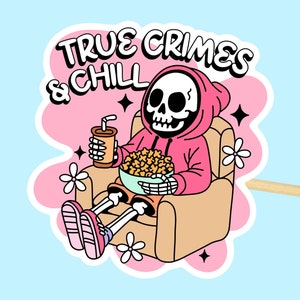 Adesivo engraçado de crime real // Lavável na máquina de lavar louça, adesivo à prova d'água para garrafas de água, esqueleto fofo, citação de humor, decalque moderno e relacionável