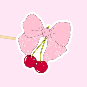 Adesivo ciliegia // Adesivo impermeabile estetico con fiocco rosa Coquette, grazioso decoro pastello per bottiglie d'acqua, laptop, Kindle e altro ancora