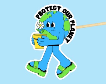 Environmental Sticker // Protect Our Planet Earth, Dishwasher Safe, Waterproof Sticker for Water bottles, Retro Character, Ecology Sticker