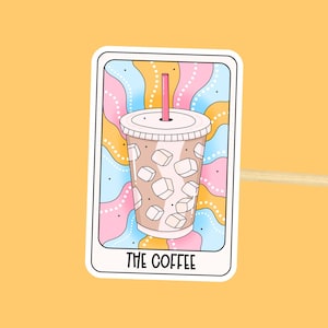 Pegatina de café // Pegatina estética moderna e impermeable para amantes del café helado, bonita calcomanía decorativa en colores pastel, pegatina de carta del tarot para adictos al café