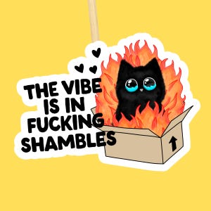 The Vibe Is In Shambles Aufkleber // Wasserdichte Aufkleber Lustige Katze Relatable Zitat Bunt glänzendes Wasserflaschendekor Swearing Laptop Sticker
