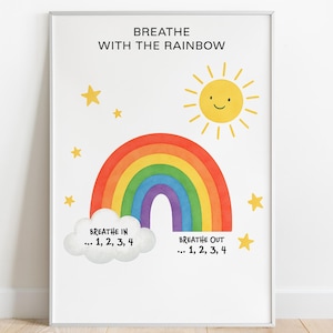 Cartaz de respiração do arco-íris para crianças, gráfico de respiração consciente, imprimível Montessori Calm, arte de parede sobre regulação emocional, download digital