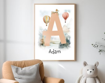 Poster con nome personalizzato, stampa murale con iniziali di animali personalizzate, stampa per la cameretta dei bambini con nome, decorazioni per la cameretta dei bambini, lettere dell'alfabeto stampabili