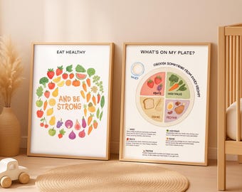Pósteres de alimentación saludable para niños, tabla de alimentos Montessori imprimible, póster de aprendizaje de frutas y verduras, arte mural de cocina para niños pequeños.
