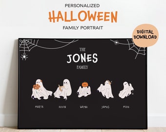 Impression familiale personnalisée d’Halloween, Décoration murale d’Halloween, Fantômes avec animaux de compagnie, Trick or Treat, Affiche imprimable, Portrait de famille personnalisé