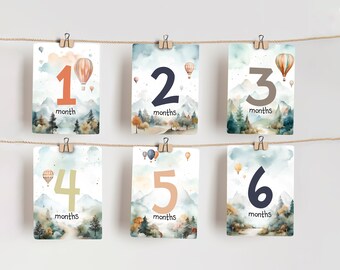 Lot de 12 cartes, cartes mensuelles, forêt et montagnes, ensemble de décoration de chambre d'enfant, cadeau de baby shower, aquarelle, téléchargement numérique