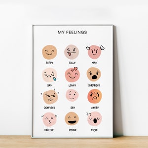 Impresión de emociones, tabla de sentimientos, decoración de habitación infantil, arte mural imprimible, descarga digital, educación en casa, póster para sala de juegos, color bohemio