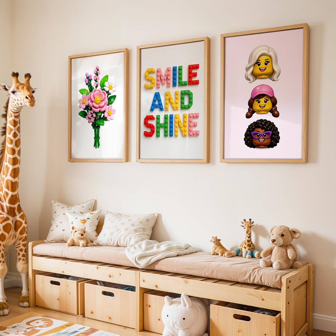 Girls Room Wall Art Set of 3, Cute Brick Character Poster, Pink Flower ...