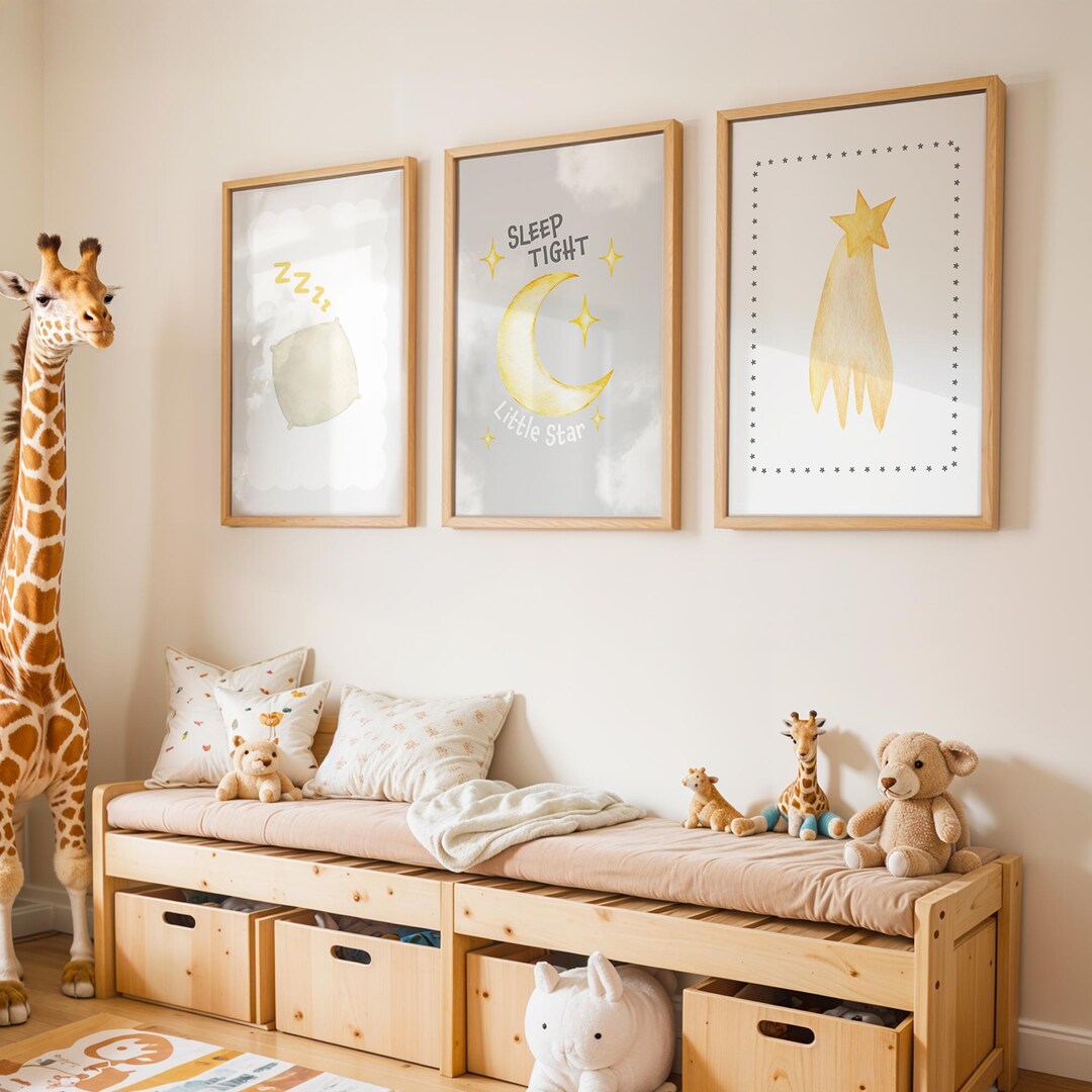 Sleepy Moon & Stars Nursery Art Set, Sleep Tight Little Star, Shooting ...