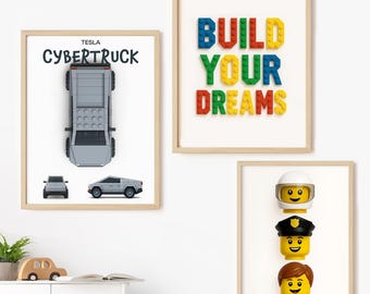 Brick Figure Builder Poster, Cyber Truck Inspired Kids Wall Art, Building Block Toy Print, Boys Room Decor, Toddler Playroom Printable