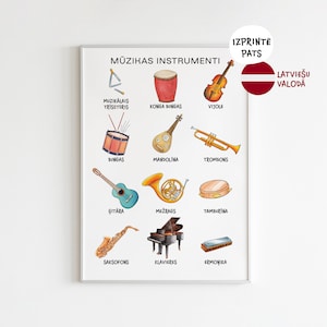 以下が含まれることがあります： ラトビア語で楽器の名前が書かれた、カラフルな教育ポスター。楽器には、トライアングル、コンガ、バイオリン、ボンゴ、マンドリン、トロンボーン、ギター、フレンチホルン、タンバリン、サックス、ピアノ、ハーモニカなどがあります。