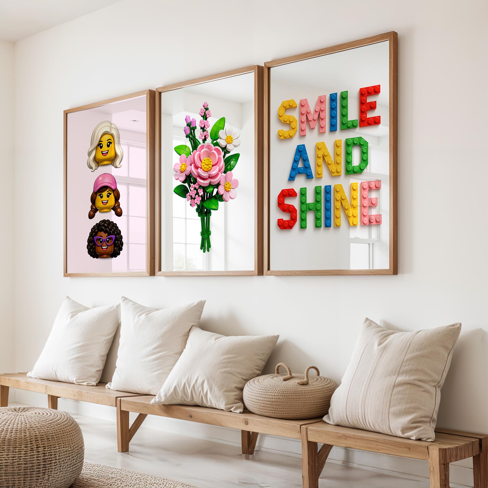 Girls Room Wall Art Set of 3, Cute Brick Character Poster, Pink Flower ...