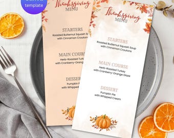 Canva-mall för Thanksgiving-menymall, redigerbara höstmiddagskort, digital nedladdning