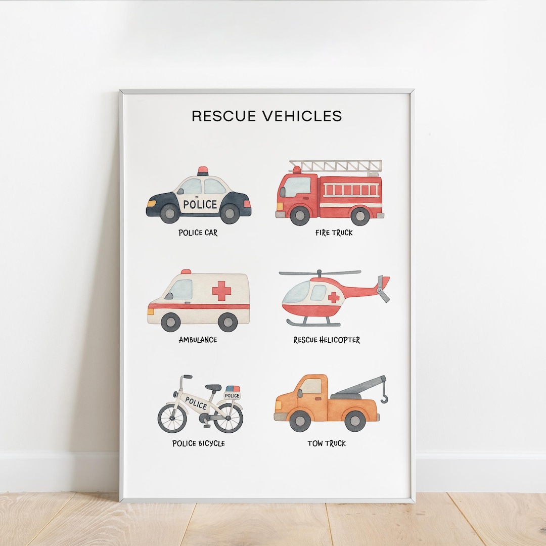 Watercolor Rescue Vehicles Poster: Montessori Boys Room Decor (digital ...
