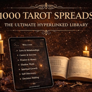 Puede incluir: Un libro abierto y una tableta muestran un menú de lectura de tarot, con el texto "1000 TAROT SPREADS" y "THE ULTIMATE HYPERLINKED LIBRARY". Velas encendidas y elementos decorativos crean un ambiente místico.