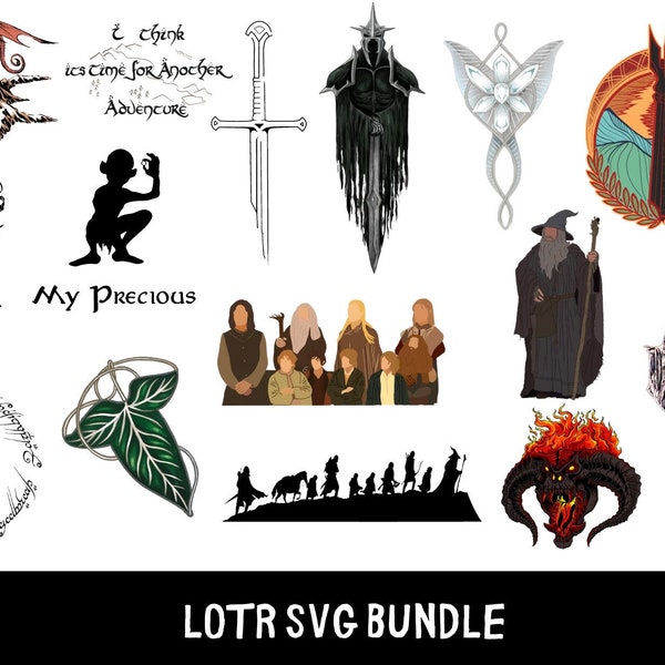 LOTR svg bundle, Balrog, The One Ring, Elf Queen, Dark Lord, Gray Wizard, Smeagol jpg, I am no man, Leaf Of Lorien, Evenstar, Orthanc Tower