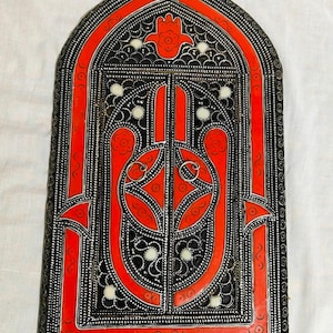 Miroir mural marocain vintage, bois sculpté à la main et portes en métal image 3