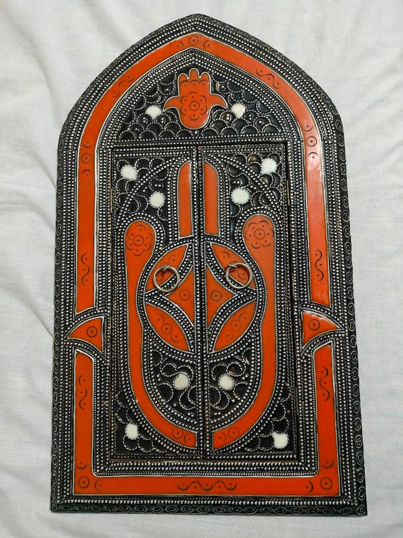 Miroir mural marocain vintage, bois sculpté à la main et portes en métal image 4