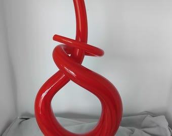 Red glass swirl sculpture, vintage style decor,