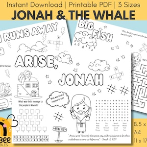 Jonah & The Whale Activity Placemat Bundle, Bible Study Coloring Page, Jonah and the Whale Bible Story Kids Activity Worksheet, 8.5 x 11