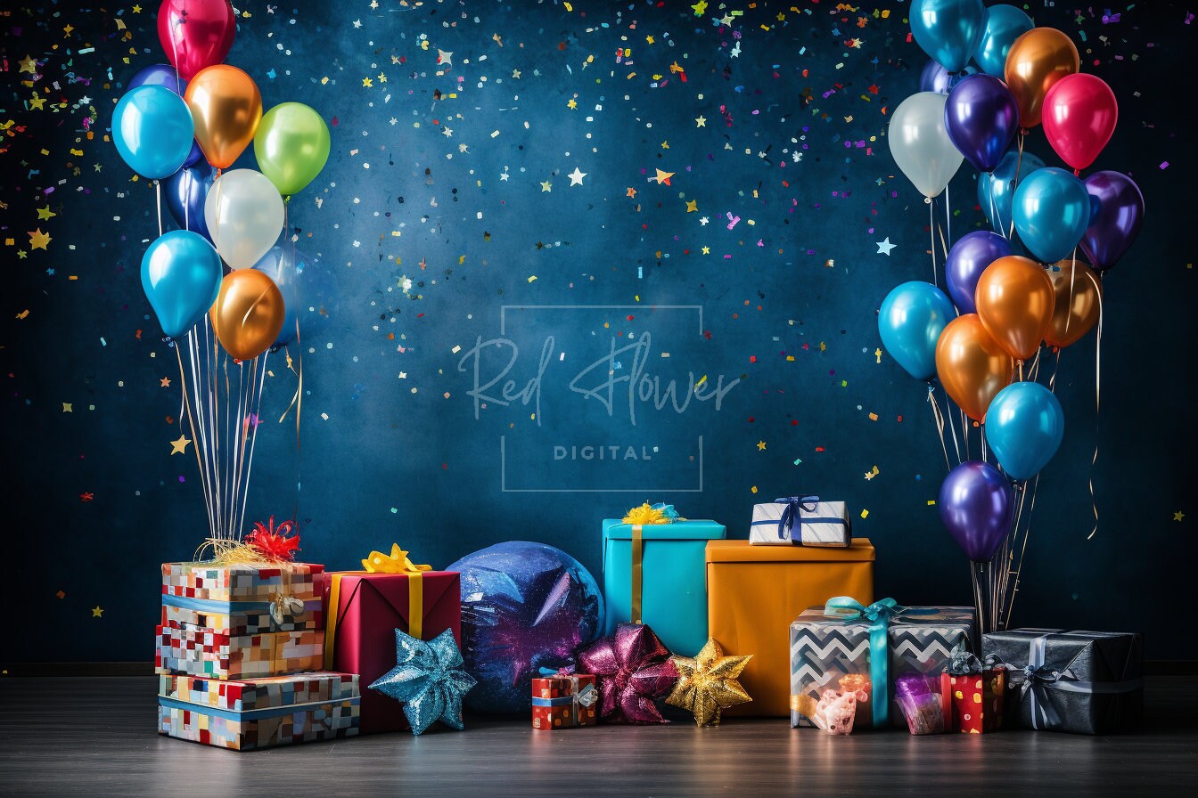 Blue Dots Balloons Custom Name Birthday Backdrop main image 0