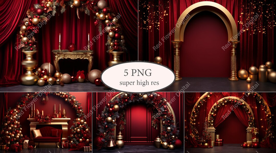 Christmas Arch Digital Backdrop Bundle, Family Xmas Backgrounds, Red ...