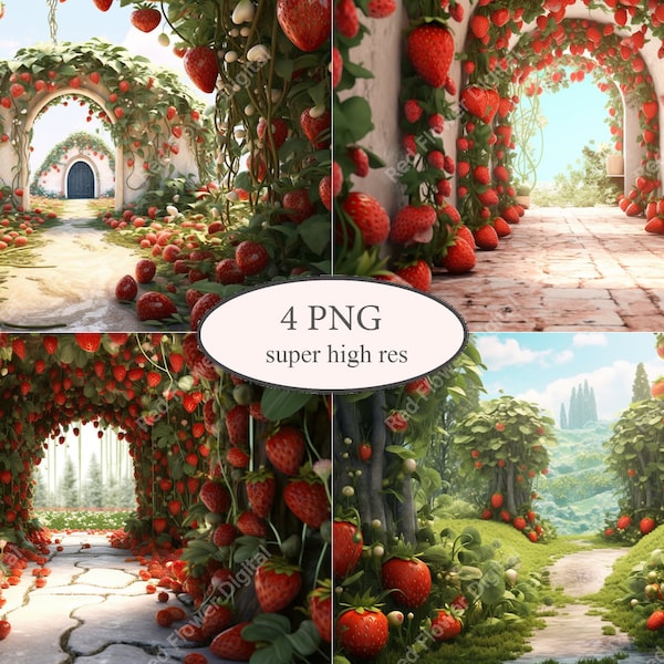 Strawberries Digital Backdrop Bundle, Strawberry Background, Fantasy Kids Digital Backgrounds, Fairytale Backdrop, Fruit Backdrop Overlays