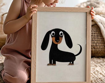 Black dachshund poster, minimalist sausage dog cream wall art print