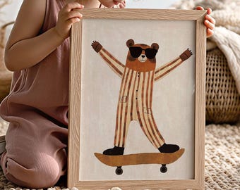 Vintage poster van een beer op een skateboard in een gestreept pak.