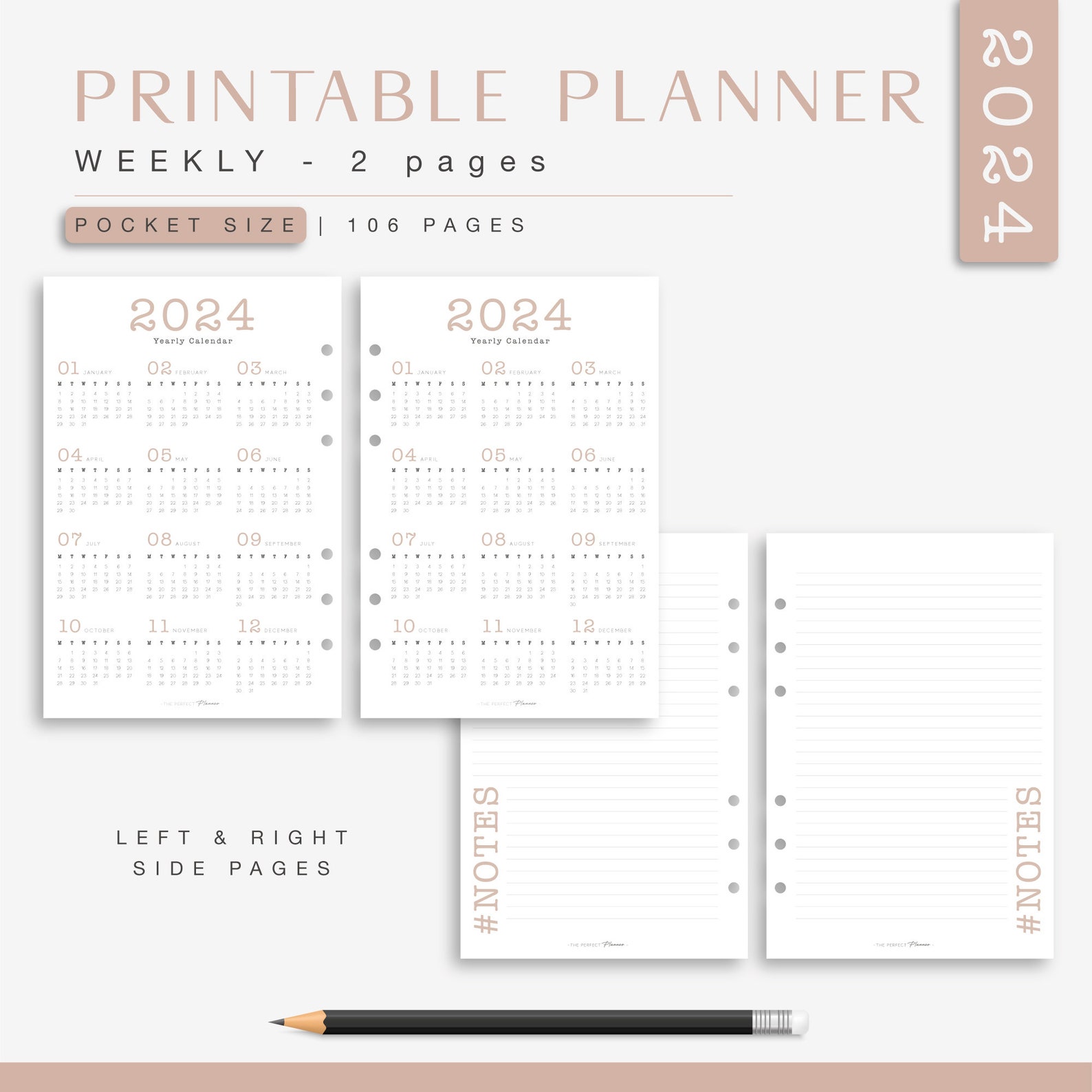 Pocket weekly planner 2024 printable week on 2 pages beige and black