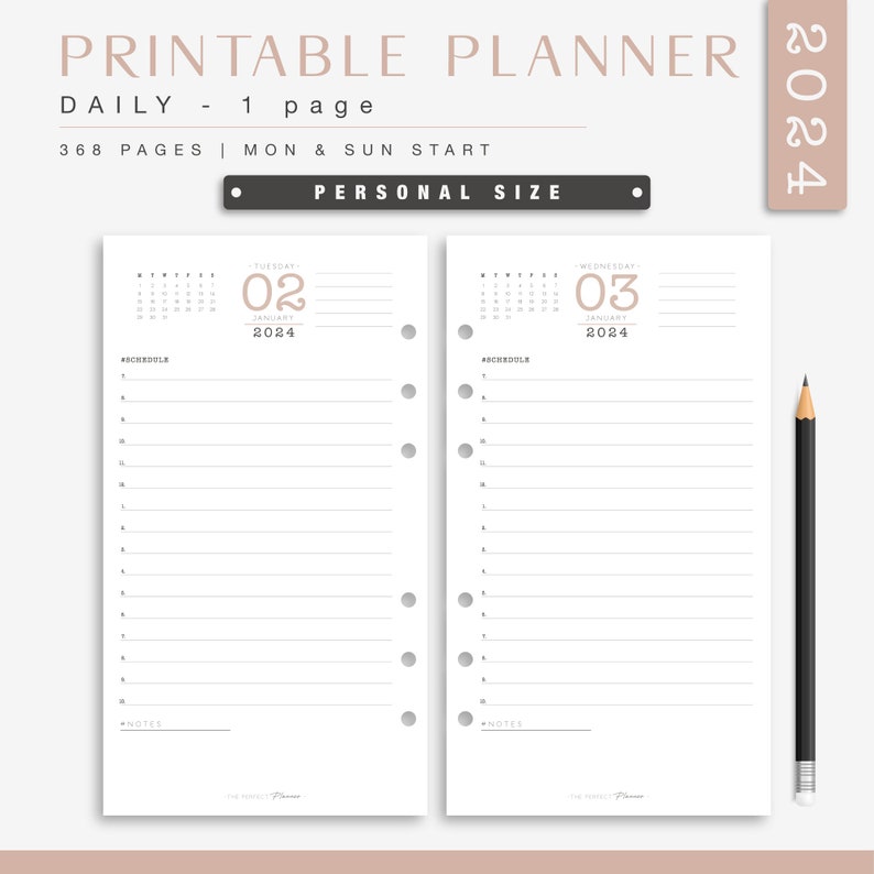 Personal daily planner 2024 printable one day per page minimalist