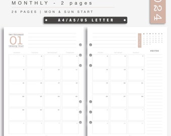 Monthly Planner 2024 - Month on 2 Pages - Beige and Black Minimalist Personal Planner - Printable Planner Inserts - Monthly calendar