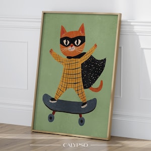 Whimsical animal print – Superhero cat poster with skateboard – Kids room wall decor