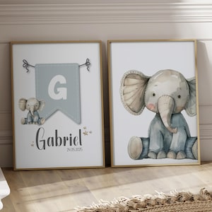 Personalisierte Poster mit Elefantenbabys, Poster mit Vornamen und Initialen auf Wimpel, Tierdekoration für das Babyzimmer