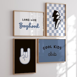 Illustrations funky bleues et noires pour enfants, décoration tendance et rock pour chambre de garçon