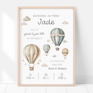 Cartel personalizado de nacimiento en globo aerostático, arte de pared de acuarela para recién nacidos, regalo de bebé