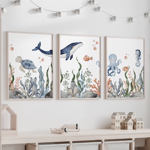 Póster triple de fondo marino para niños, set de pósteres con temática marina, arte mural de acuarela, regalo para bebé