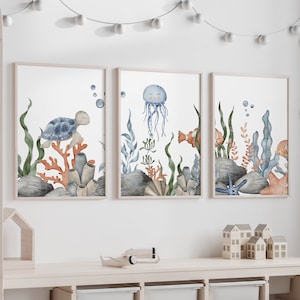 Tre poster di animali marini per bambini, set di poster a tema marino