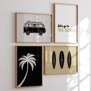 Art mural surf rétro pour chambre d'enfants, décoration tendance noir, beige et jaune pour petit garçon